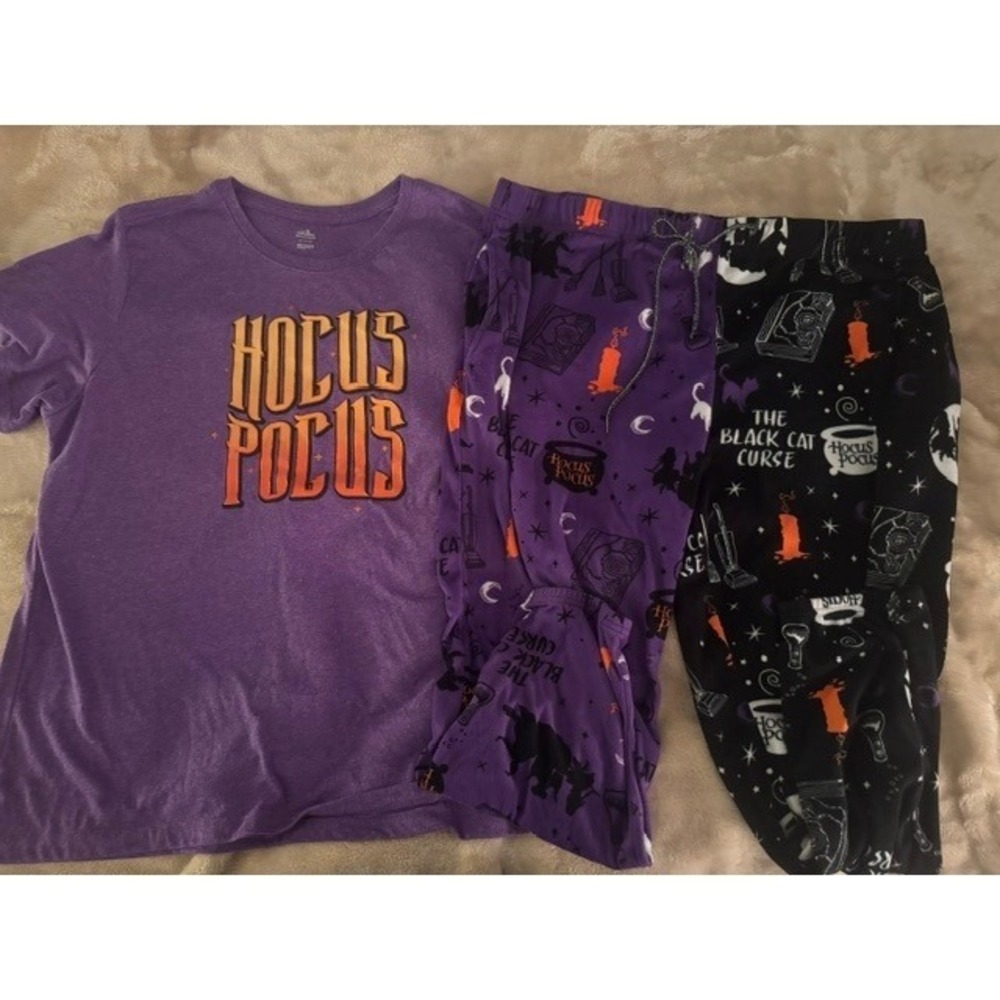 Disney Hocus Pocus Pajama Set Womens XL Purple Black Fleece Lounge Pants Tee